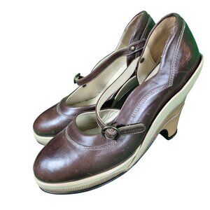 JOHN FLUEVOG Sally Jane PinUps Dark Brown Cream Leather Scalloped Wedge US Sz  8